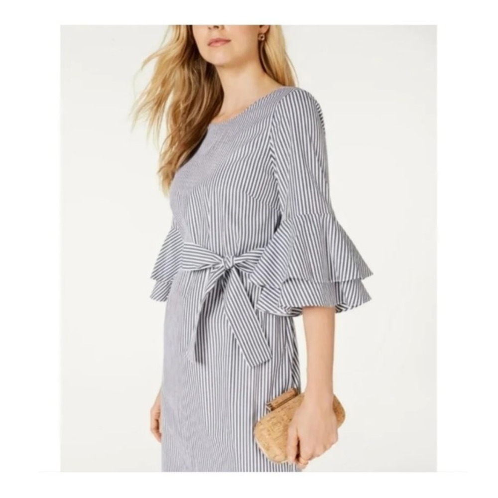 Pappagallo Women Charcoal White Striped Bell Sleeve Belted Sheath Dress 10 NEW